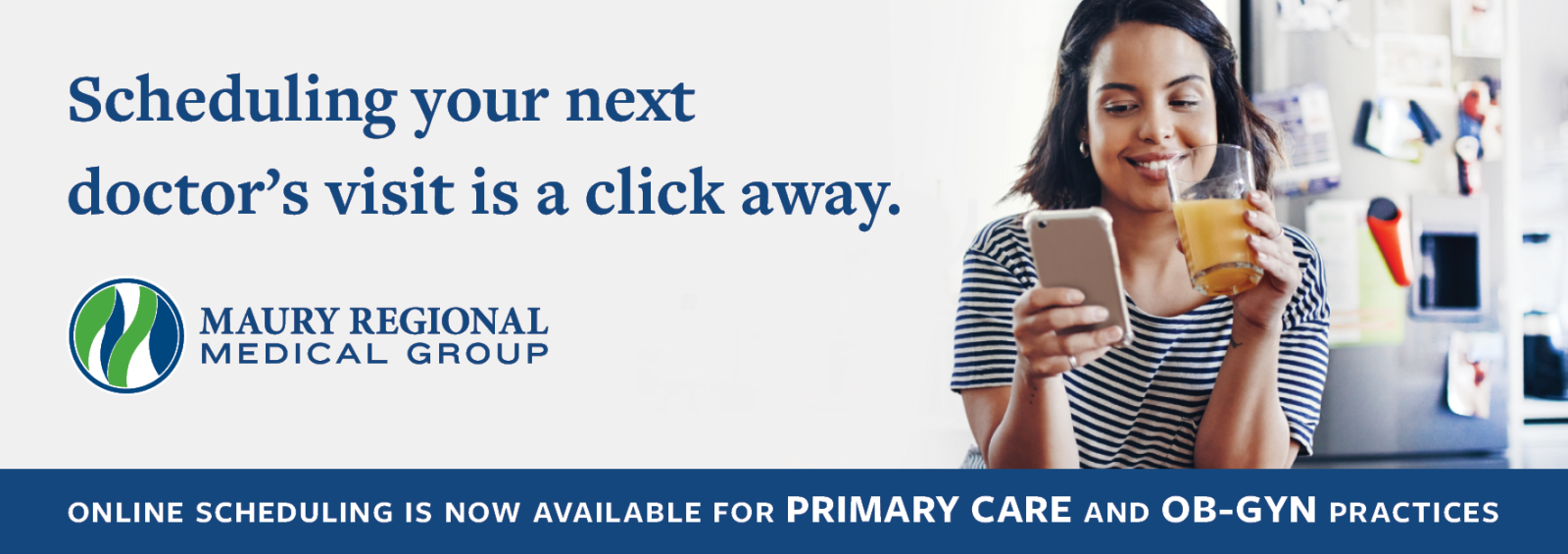 Girl using a cell phone. Text reads, "Schedule your next appointment online -- no phone calls required. Online scheduling is now available for primary care and OB-GYN visits.